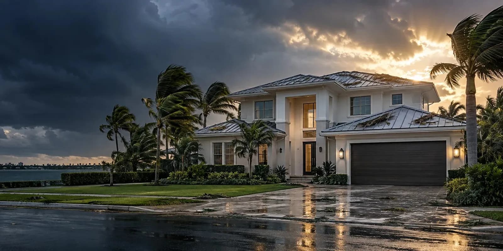 Luxury waterfront Florida home with palms bending under dark hurricane clouds