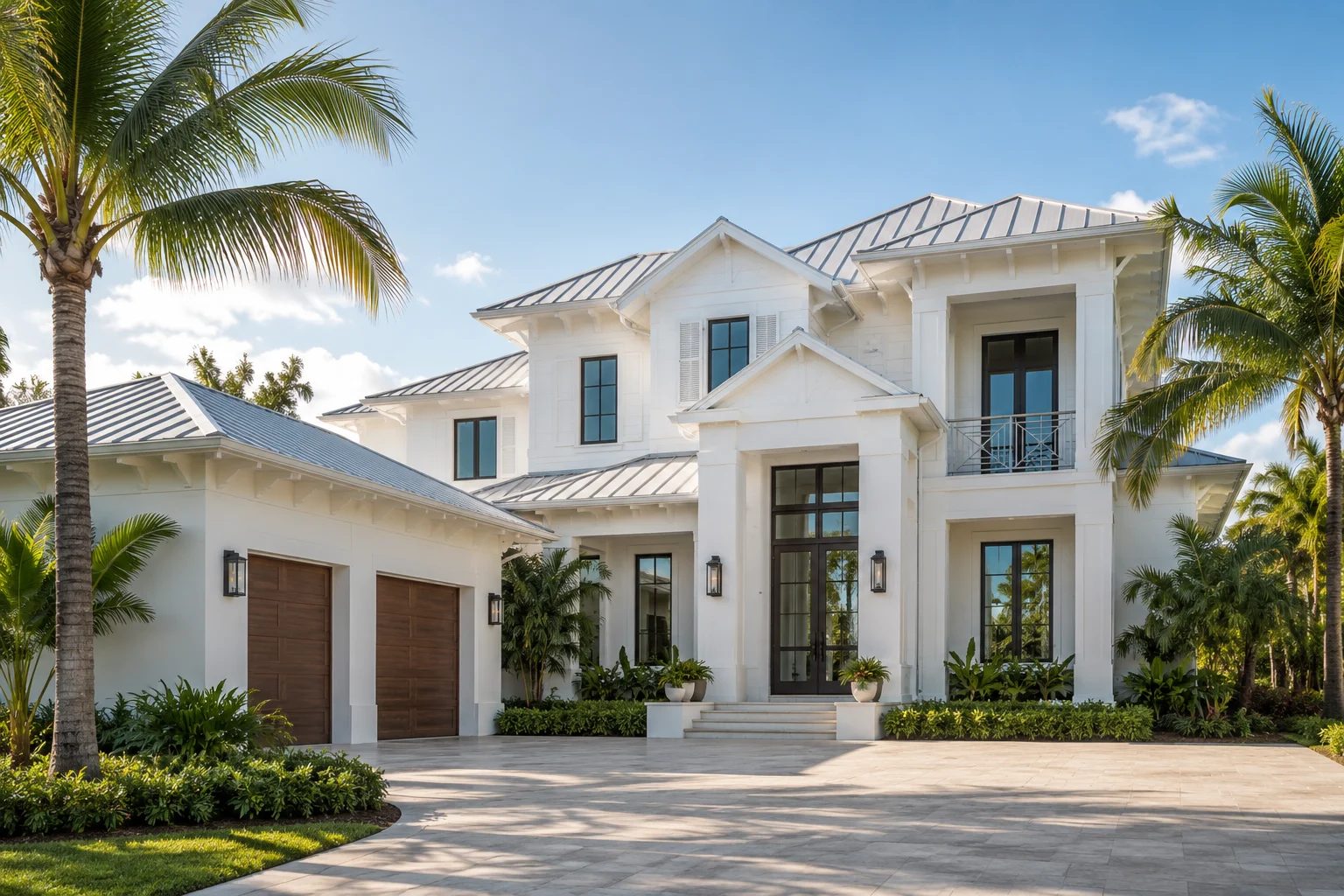 Luxury Florida home with palms and a metal roof