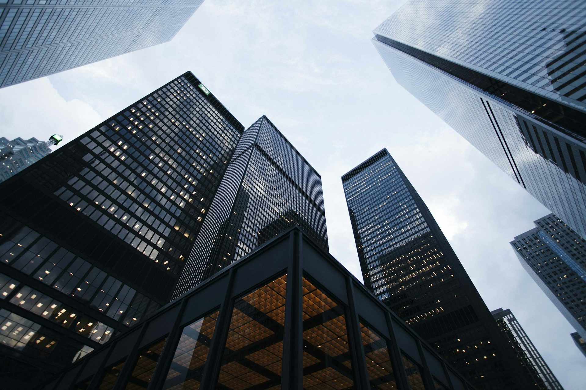 Glass commercial towers viewed from street level