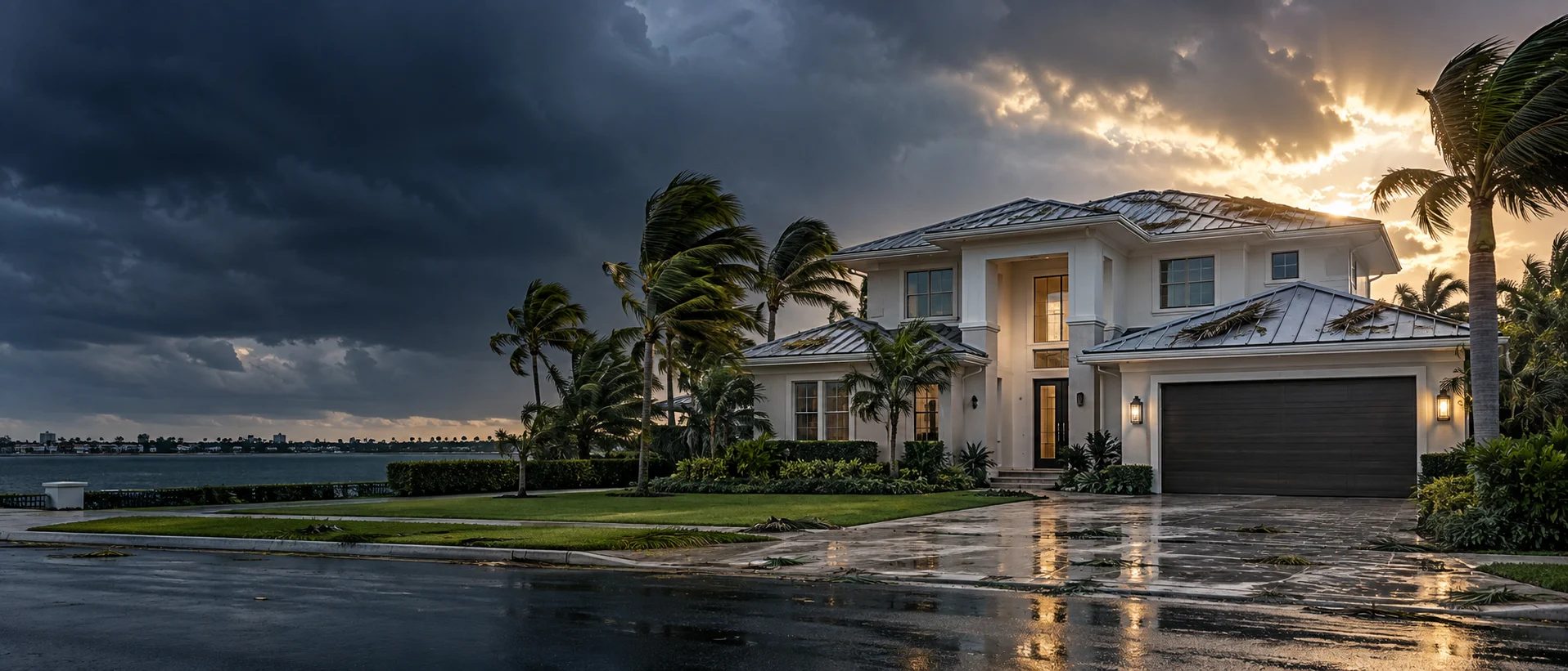 Luxury waterfront home under storm clouds, with a rain-soaked drive