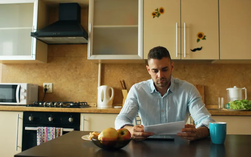 Man reading a document at his kitchen table