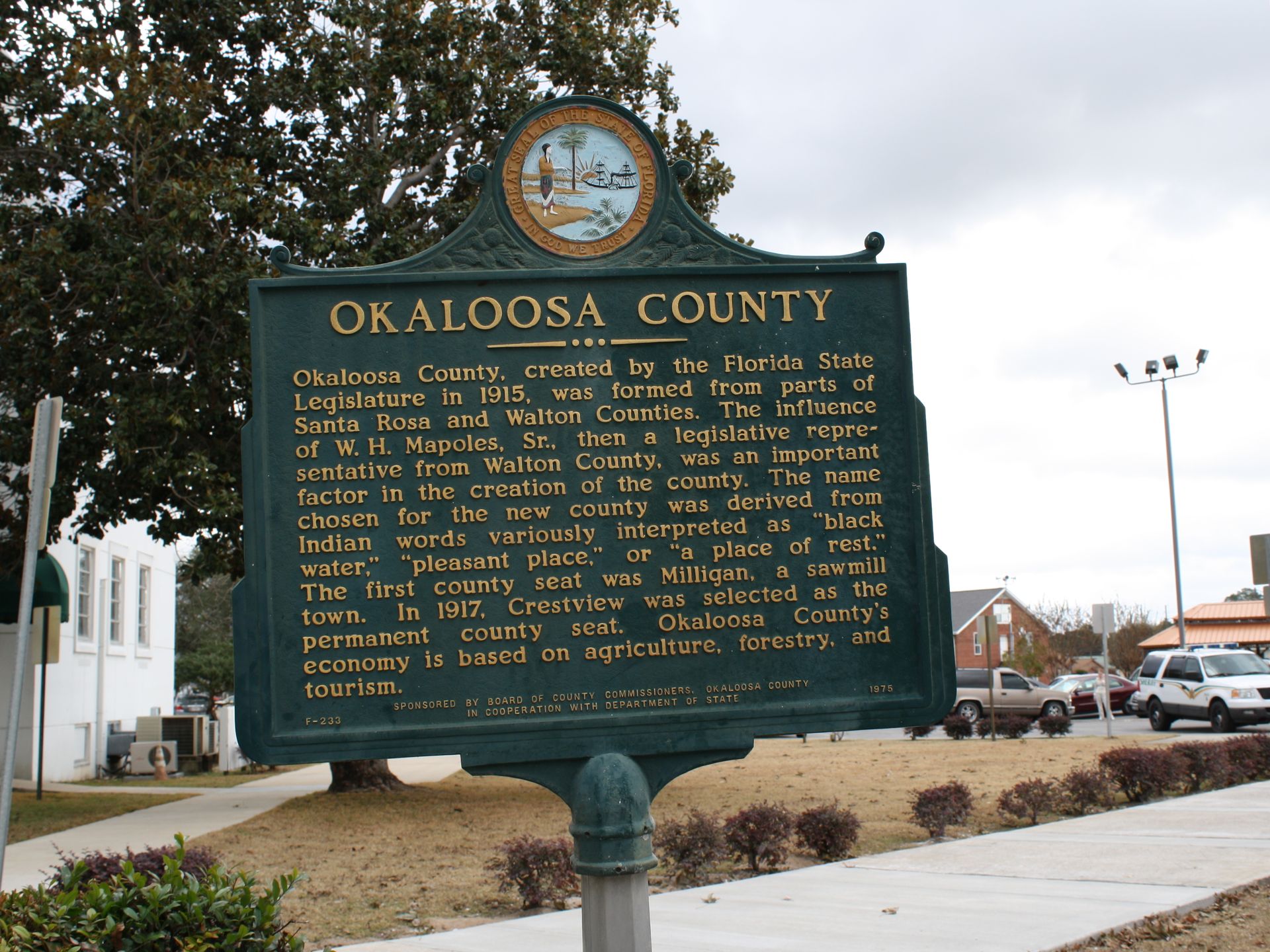 Okaloosa County historical marker at the courthouse in Crestview, Florida