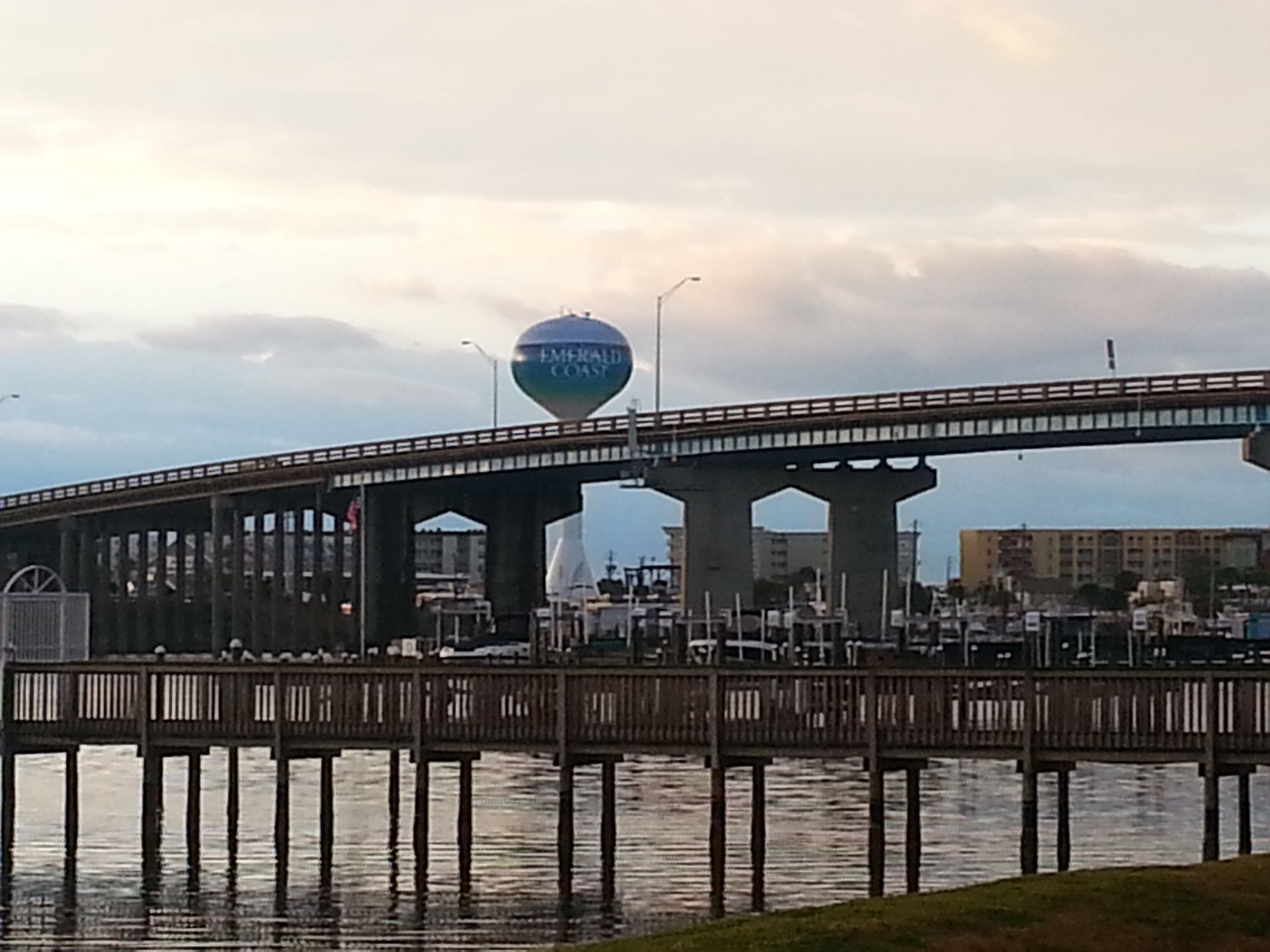 Brooks Bridge and the Okaloosa water tower at sunrise, Fort Walton Beach, Florida