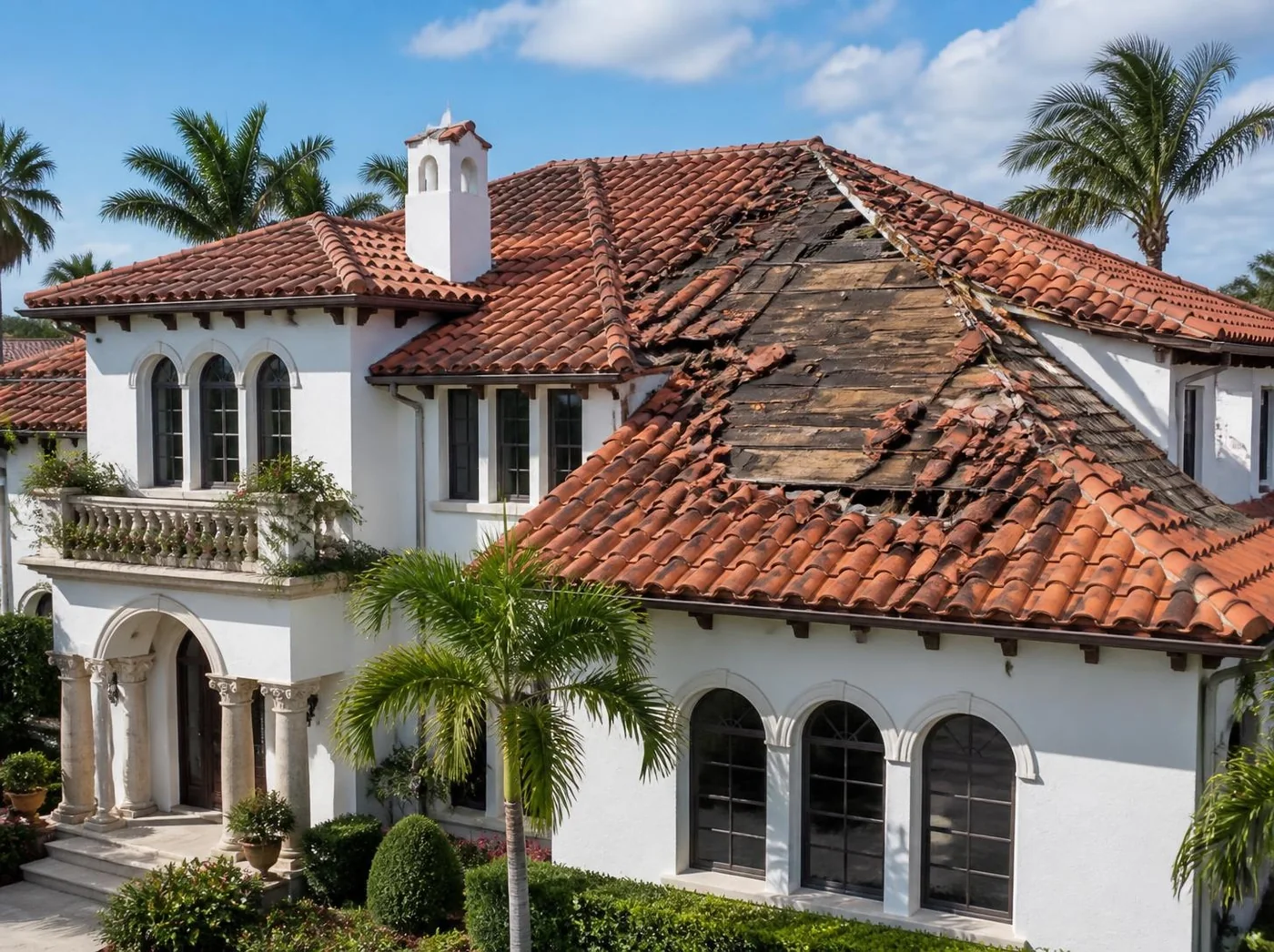 Illustrative South Florida home with major storm damage to a Spanish tile roof