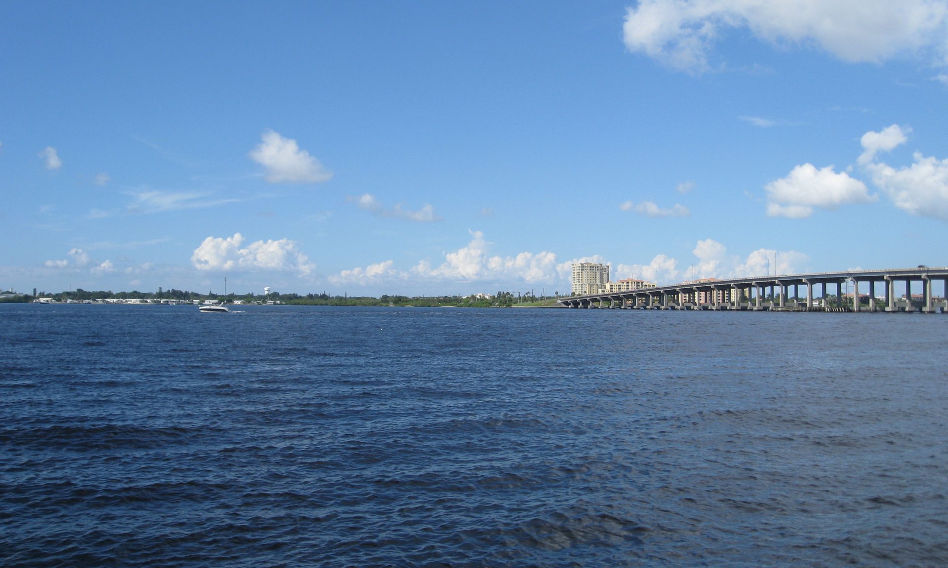 Manatee River and the DeSoto Bridge seen from the Bradenton Riverwalk, Manatee County