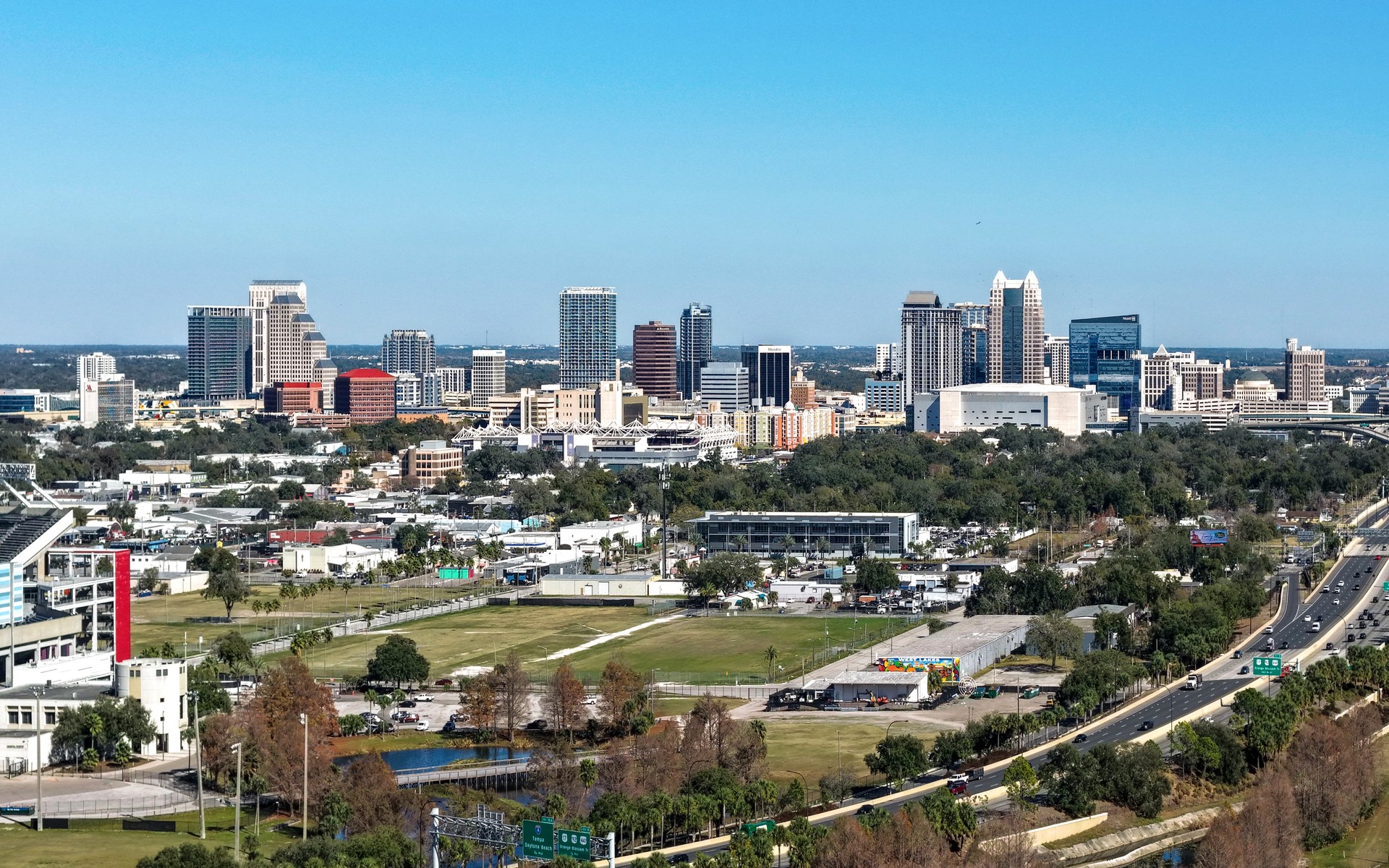 Downtown Orlando skyline at golden hour