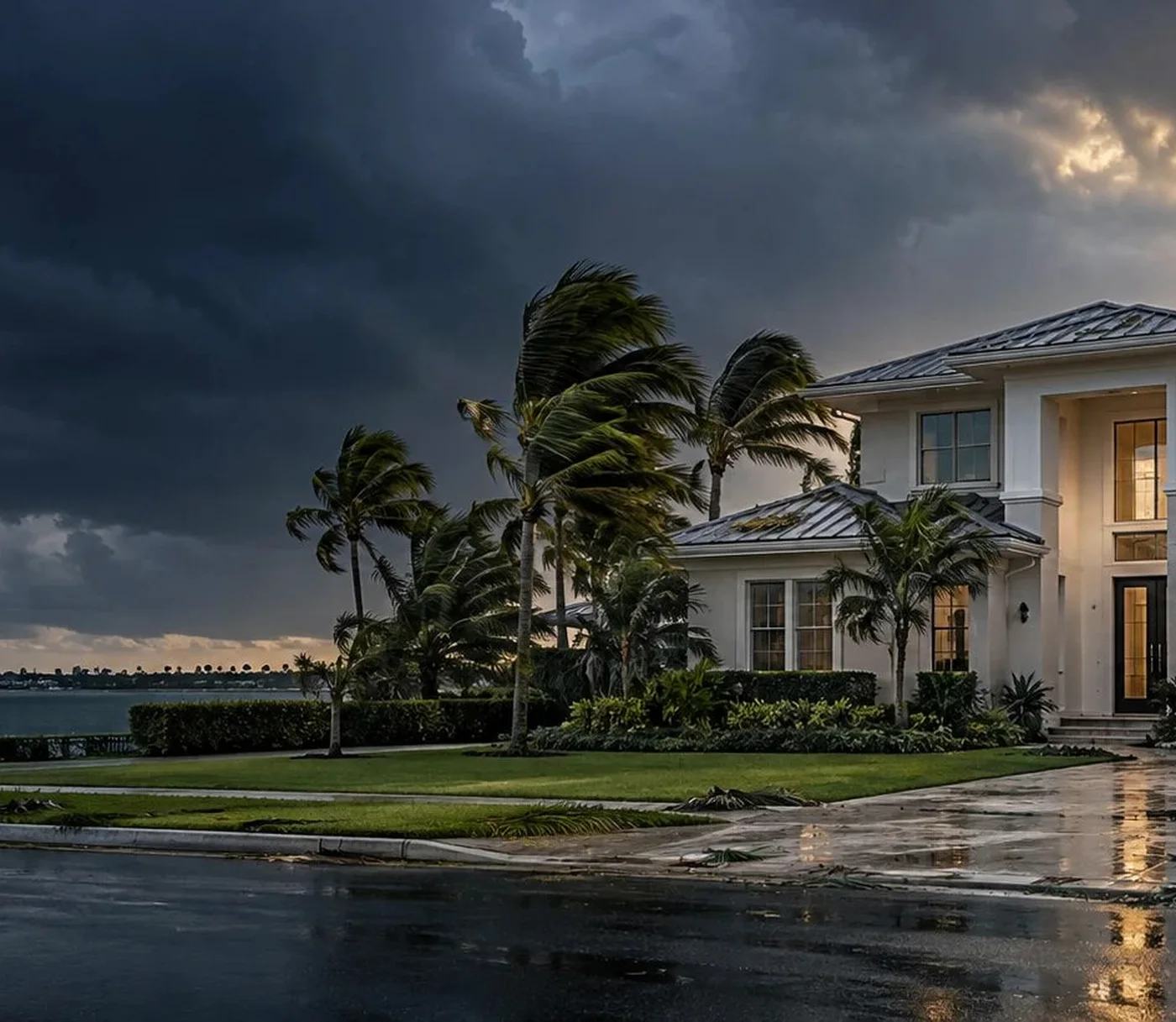 Illustrative luxury Florida-style waterfront home with peeled metal roof panels after a storm — not a client property