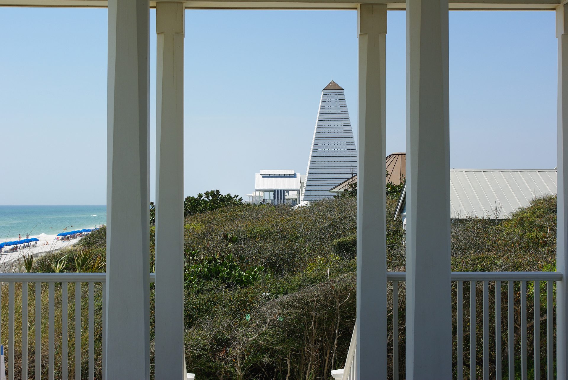 Gulf view and beach tower framed by a pavilion in Seaside, Walton County